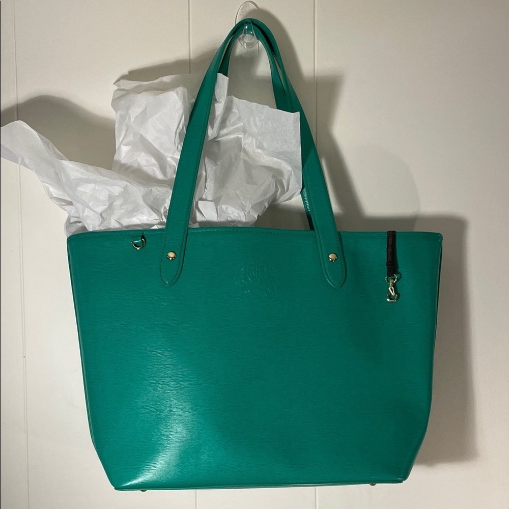 Lauren Ralph Lauren Newbury Emerald Green Embossed Logo Footed Tote Bag